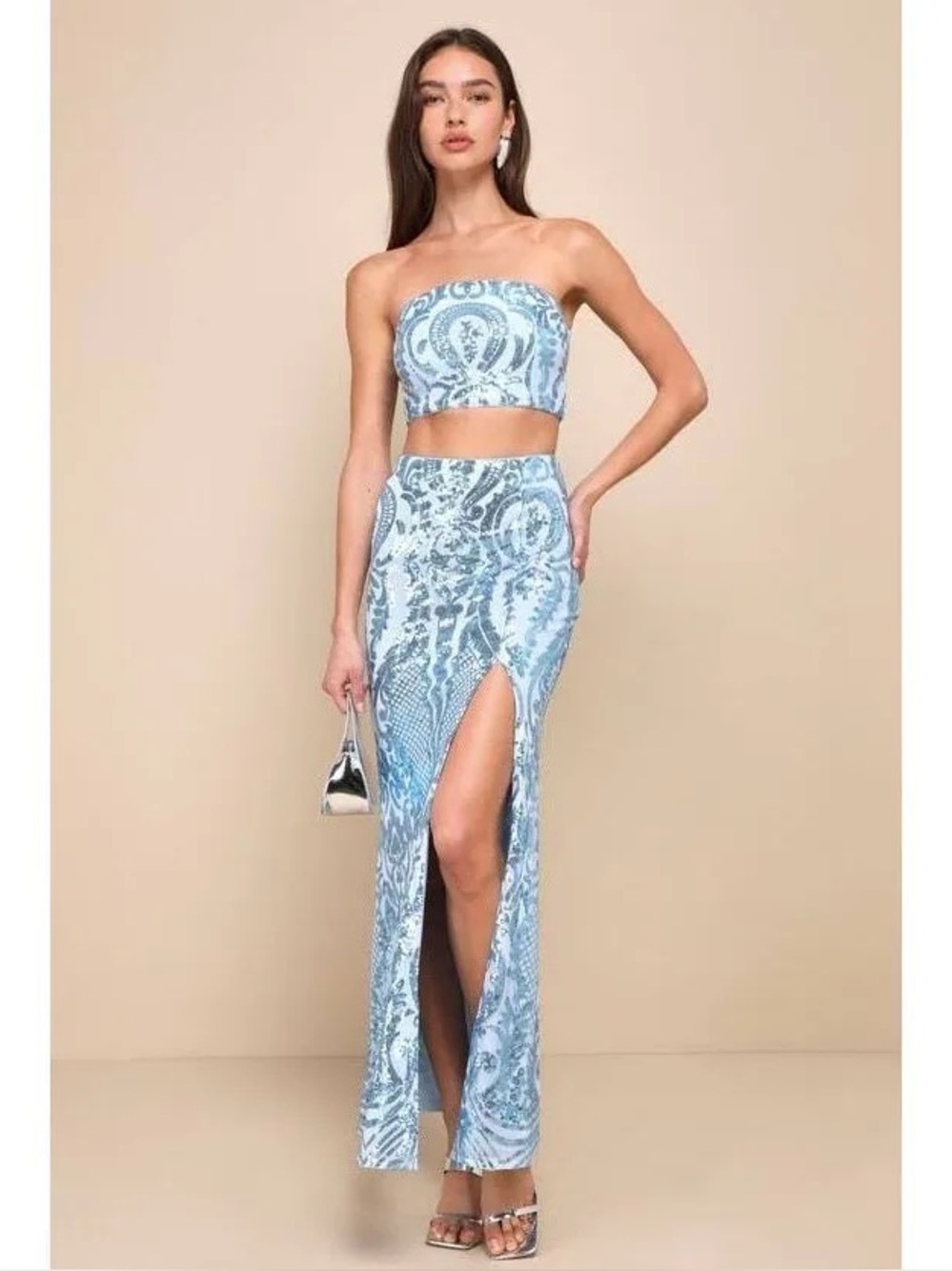 Flashy Fascination Light Blue Sequin Two-Piece Maxi Dress